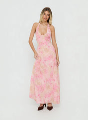 Dandelions Halter Maxi Dress Pink Floral