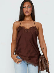 Cosetta Lace Trim Asymmetrical Cami Top Chocolate