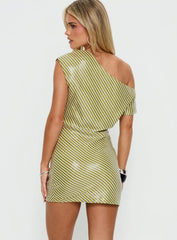 Speed Dial Off Shoulder Sequin Mini Dress Green Stripe
