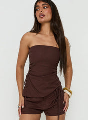 Defined Strapless Gathered Linen Blend Top Brown