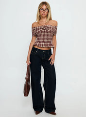 Avalynn Off Shoulder Shirred Top Brown Check