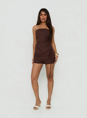 Defined Strapless Gathered Linen Blend Top Brown