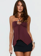Betsey Ring Detail Tie Neck Top Burgundy
