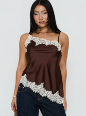 Winta Lace Trim Asymmetrical Satin Top Chocolate