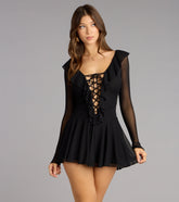 Lace-Up Moment Sheer Long Sleeve Mini Dress