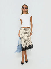 Downtown Scene Lace Trim Maxi Skirt Cream Polka