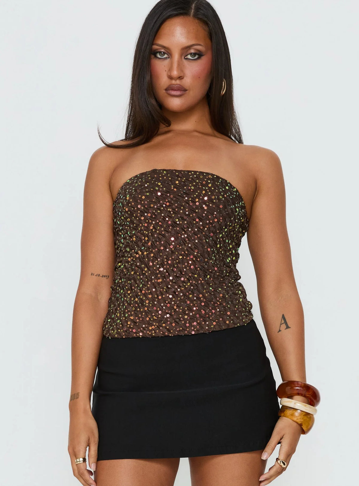 Zohara Sequin Strapless Top Brown