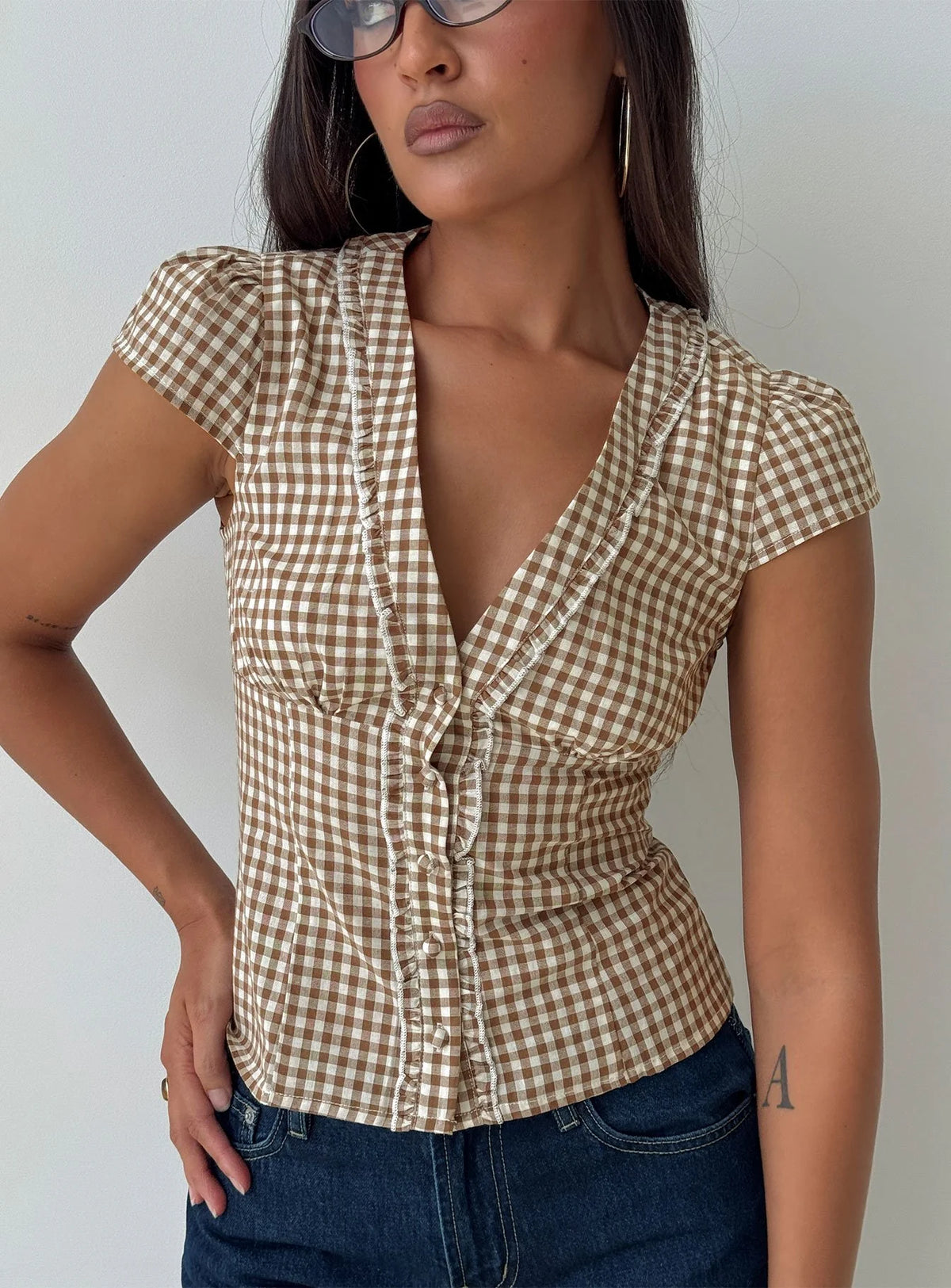 Bradlie Frill Detail Short Sleeve Blouse Top Chocolate Gingham