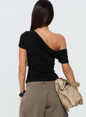 Dalten Off Shoulder Button Detail Top Black