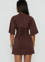 Enzia Raglan Lace Up Mini Dress Brown