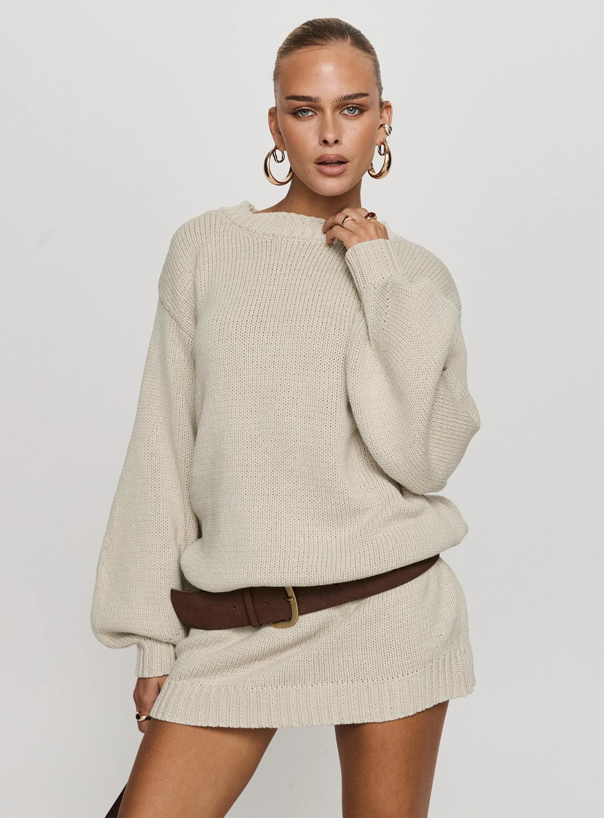 Harmony Balloon Sleeve Knit Mini Dress Beige