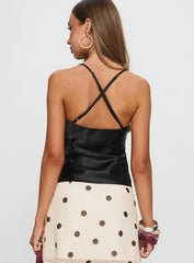 Sizzling Tie Detail Satin Top Black